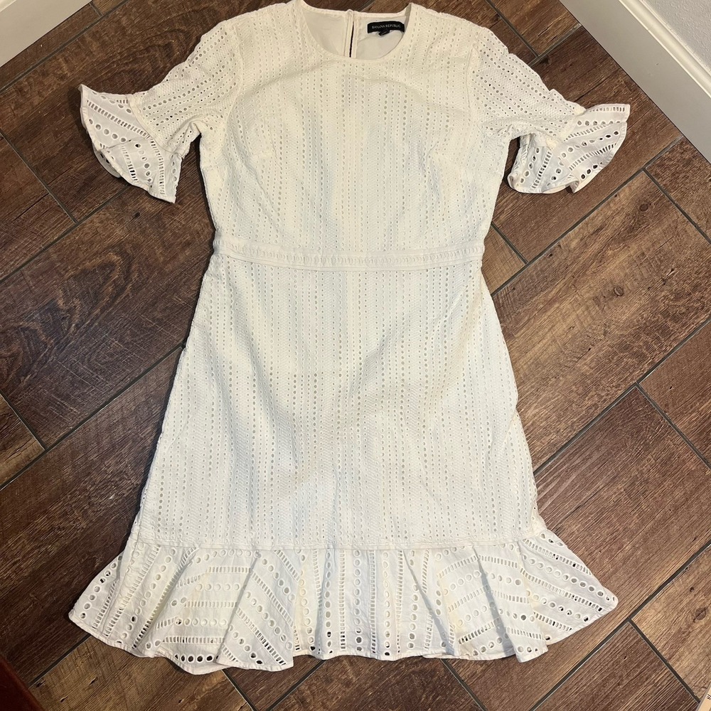 Banana Republic Dress Women 10 White Eyelet Ruffle Midi Fit Flare Cotton